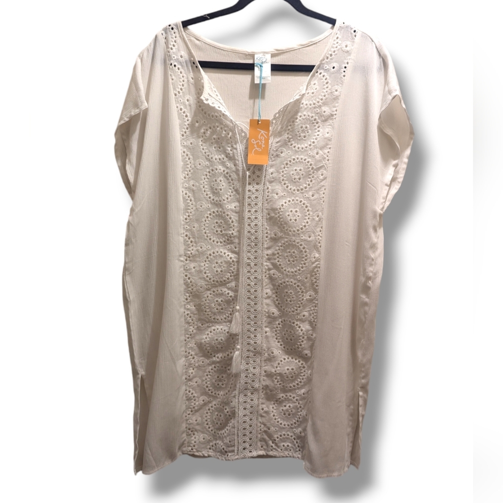 Kona Sol White Lace-up Beach Swim Cover-up Pullover Dress Boho Style Eyelet- M - Picture 3 of 15